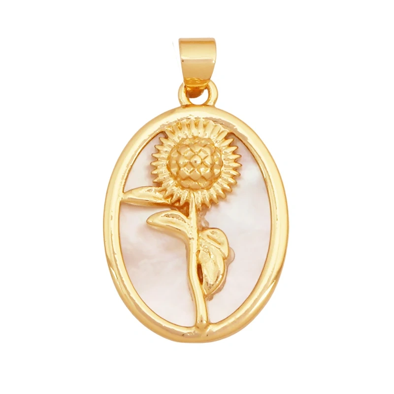 Sweet Rainbow Sun Rose Flower Four Leaf Clover Charm Pendant,Real 18k Gold Shell Zircon Jewelry Findings Necklace Supplies K98