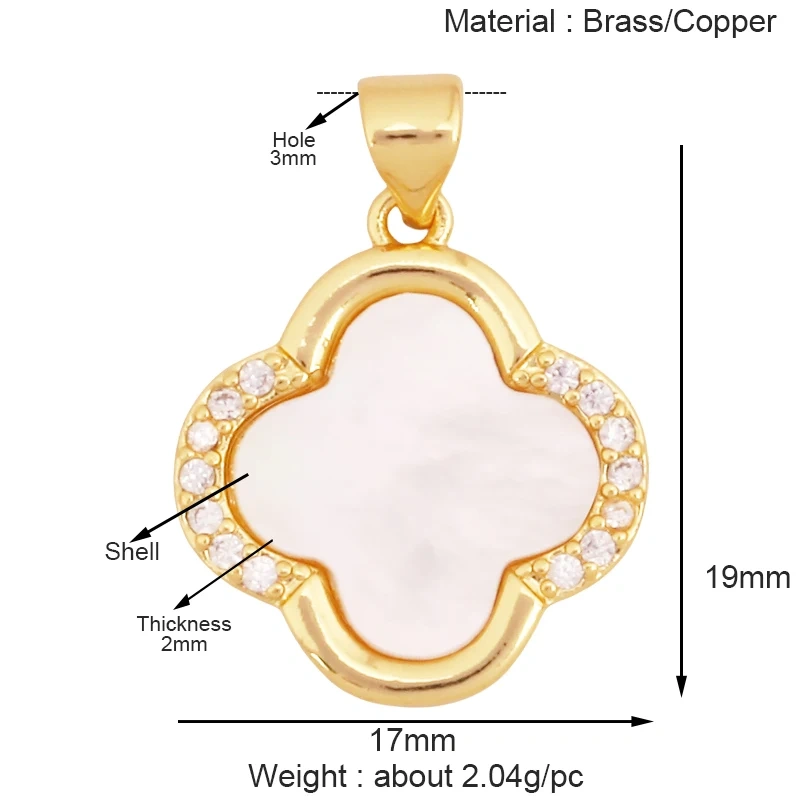 Sweet Rainbow Sun Rose Flower Four Leaf Clover Charm Pendant,Real 18k Gold Shell Zircon Jewelry Findings Necklace Supplies K98