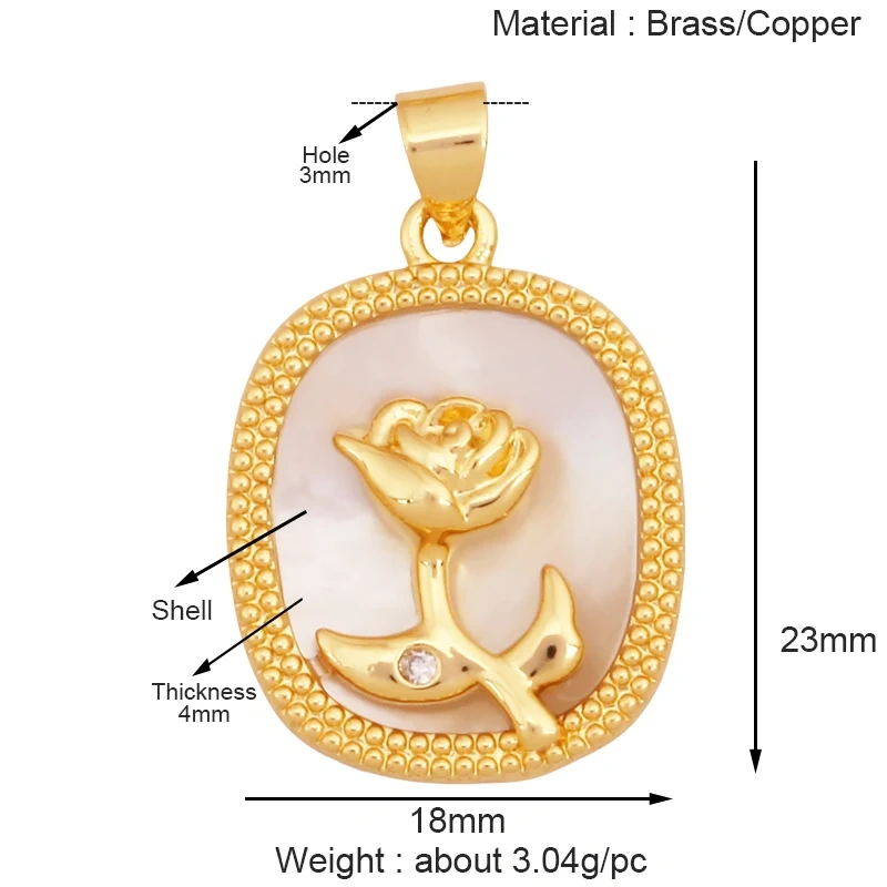 Sweet Rainbow Sun Rose Flower Four Leaf Clover Charm Pendant,Real 18k Gold Shell Zircon Jewelry Findings Necklace Supplies K98