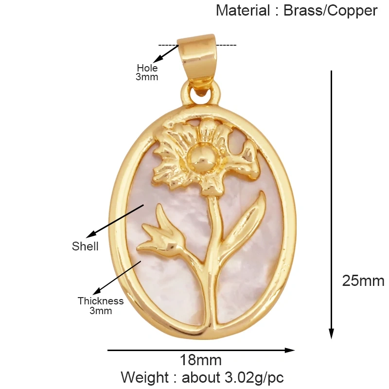 Sweet Rainbow Sun Rose Flower Four Leaf Clover Charm Pendant,Real 18k Gold Shell Zircon Jewelry Findings Necklace Supplies K98