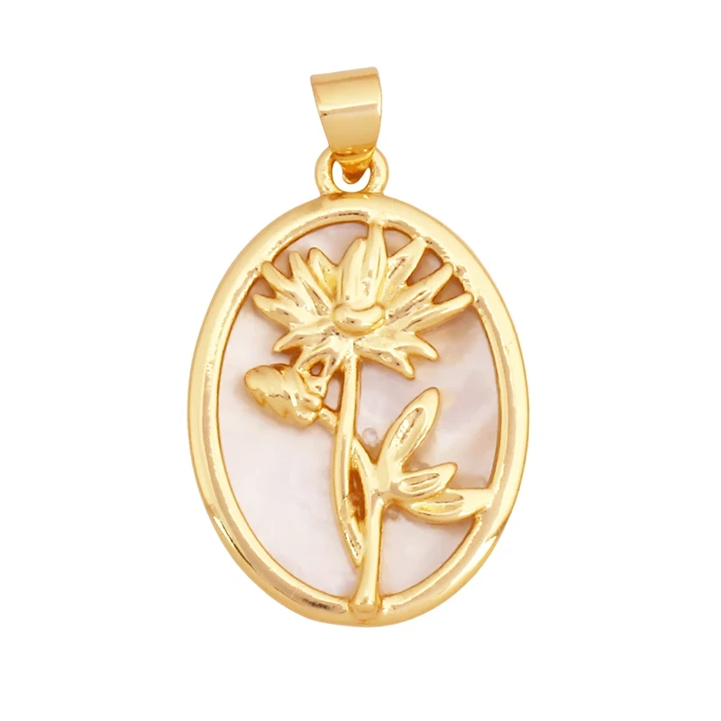 Sweet Rainbow Sun Rose Flower Four Leaf Clover Charm Pendant,Real 18k Gold Shell Zircon Jewelry Findings Necklace Supplies K98