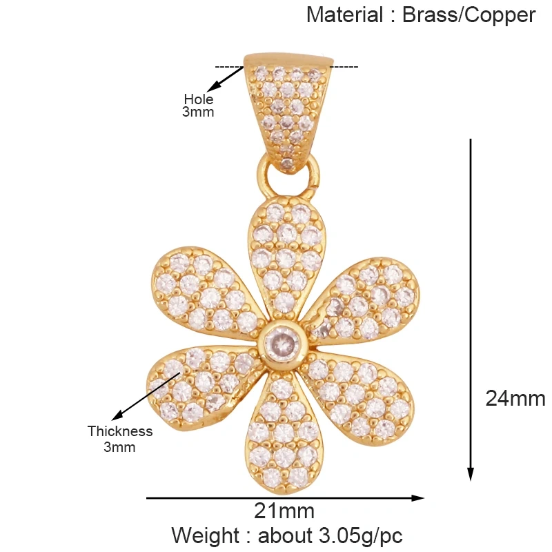 Sweet Rainbow Sun Rose Flower Four Leaf Clover Charm Pendant,Real 18k Gold Shell Zircon Jewelry Findings Necklace Supplies K98