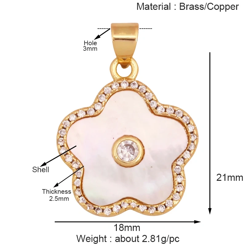 Sweet Rainbow Sun Rose Flower Four Leaf Clover Charm Pendant,Real 18k Gold Shell Zircon Jewelry Findings Necklace Supplies K98