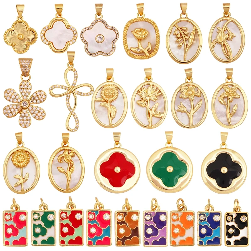 Sweet Rainbow Sun Rose Flower Four Leaf Clover Charm Pendant,Real 18k Gold Shell Zircon Jewelry Findings Necklace Supplies K98