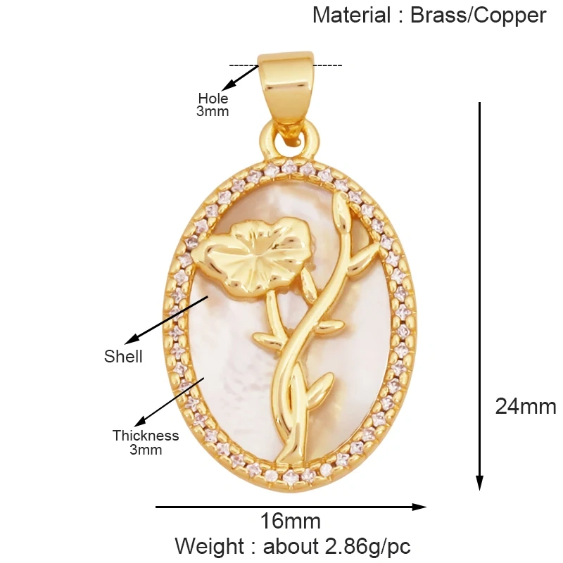 Sweet Rainbow Sun Rose Flower Four Leaf Clover Charm Pendant,Real 18k Gold Shell Zircon Jewelry Findings Necklace Supplies K98