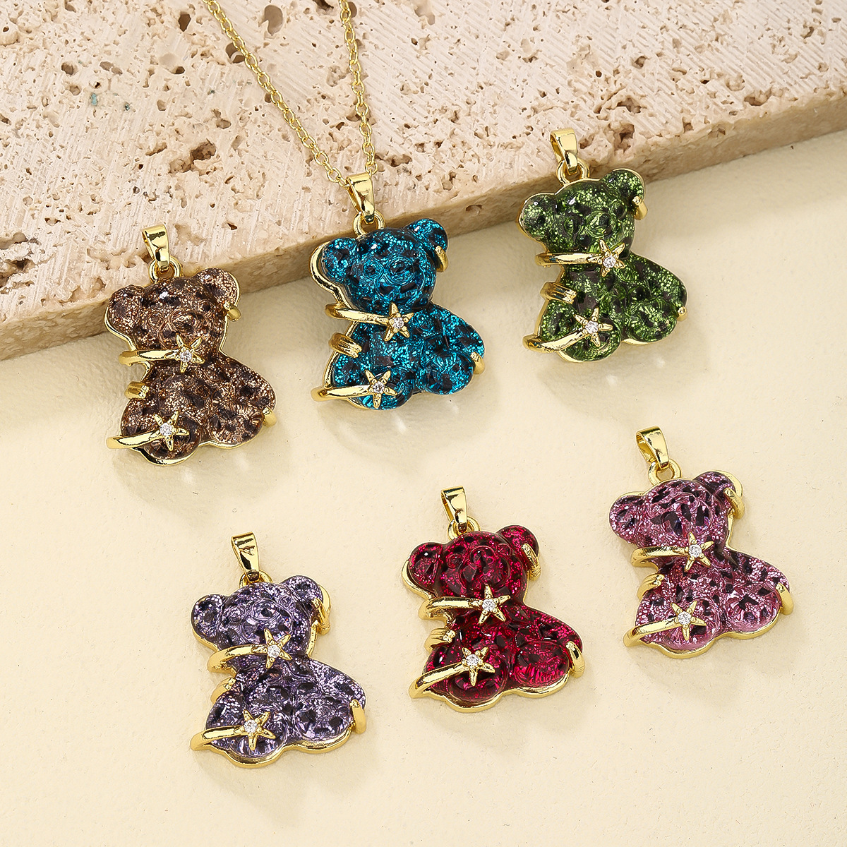 Cute Bear Animal Inlaid Colourful Resin Charm Pendant,Real 18K Gold Plated Jewelry Necklace Bracelet DIY Making Supplies K79