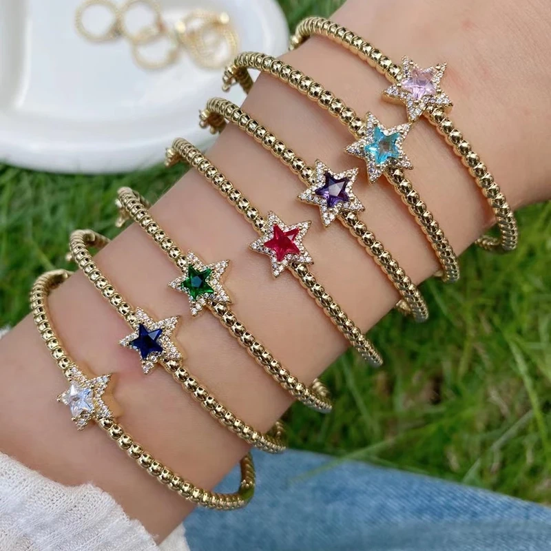 Trendy Sparkle Star Shape Crystal CZ Charm Bangle,Exquisite Luxury Colorful Zircon Brass 18K Gold Plated Bracelet Supplies