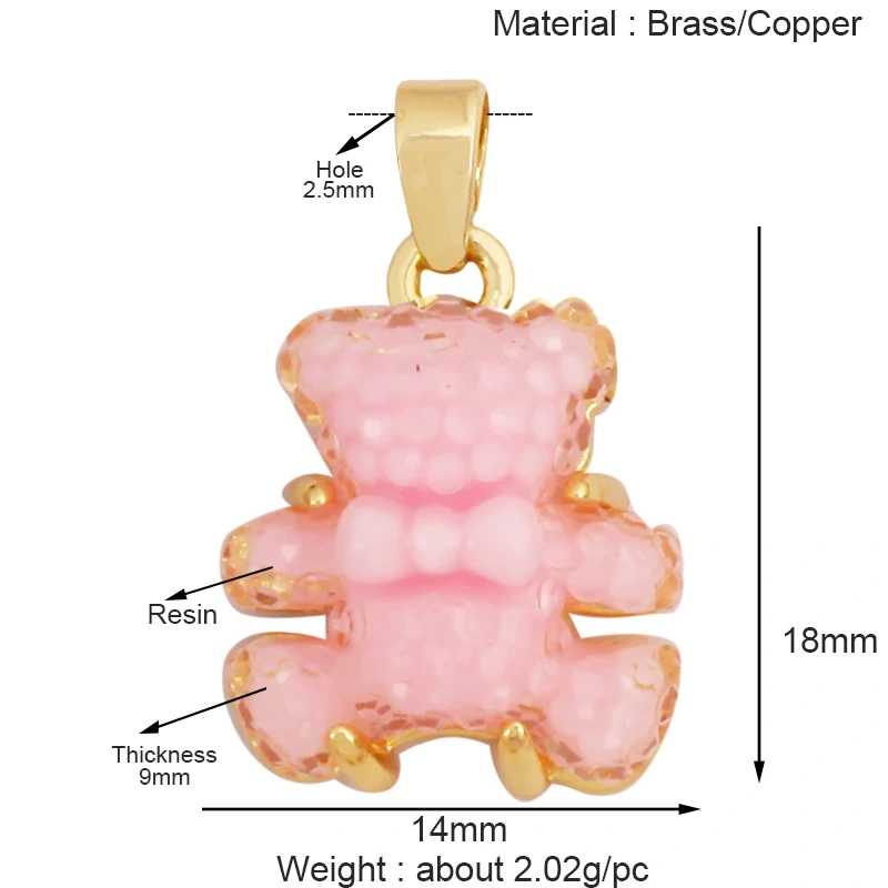 Cute Bear Animal Charm Pendant Inlaid Colourful Resin,Real 18K Gold Plated Jewelry Necklace Bracelet DIY Making Supplies K86