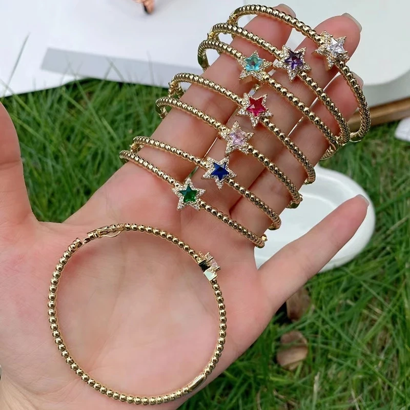 Trendy Sparkle Star Shape Crystal CZ Charm Bangle,Exquisite Luxury Colorful Zircon Brass 18K Gold Plated Bracelet Supplies
