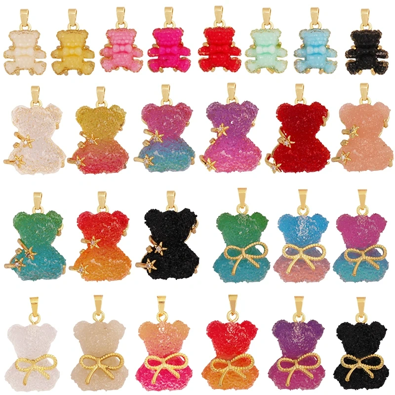 Cute Bear Animal Charm Pendant Inlaid Colourful Resin,Real 18K Gold Plated Jewelry Necklace Bracelet DIY Making Supplies K86