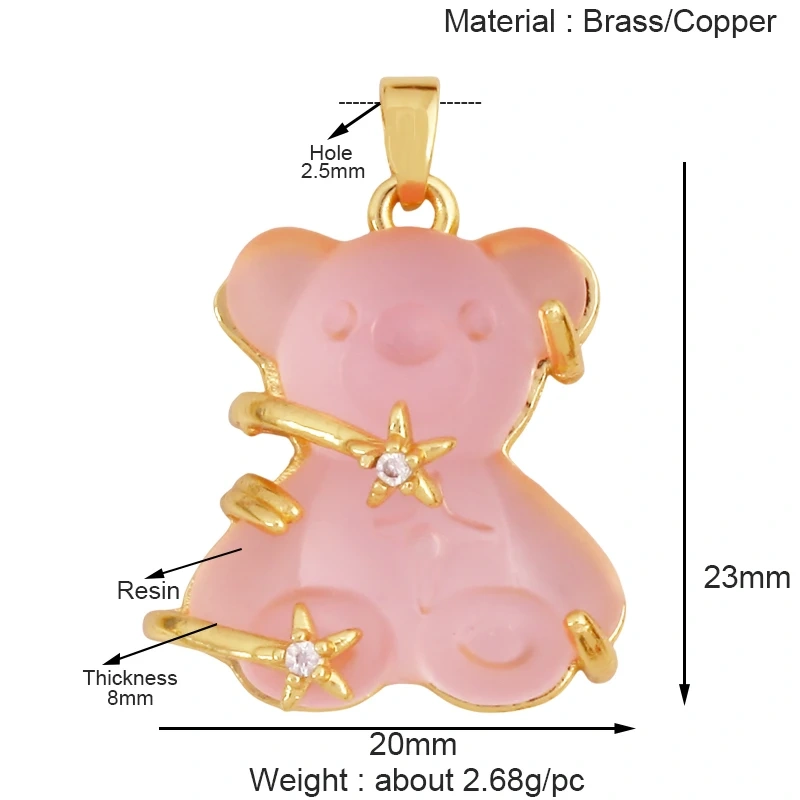 Cute Bear Animal Inlaid Colourful Resin Charm Pendant,Real 18K Gold Plated Jewelry Necklace Bracelet DIY Making Supplies K79