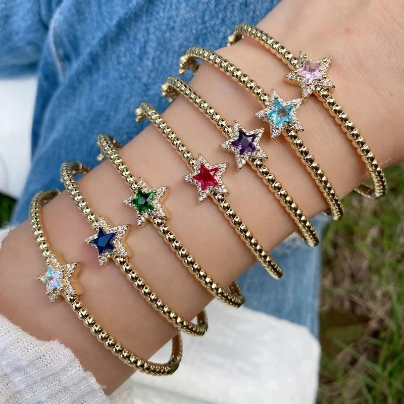 Trendy Sparkle Star Shape Crystal CZ Charm Bangle,Exquisite Luxury Colorful Zircon Brass 18K Gold Plated Bracelet Supplies