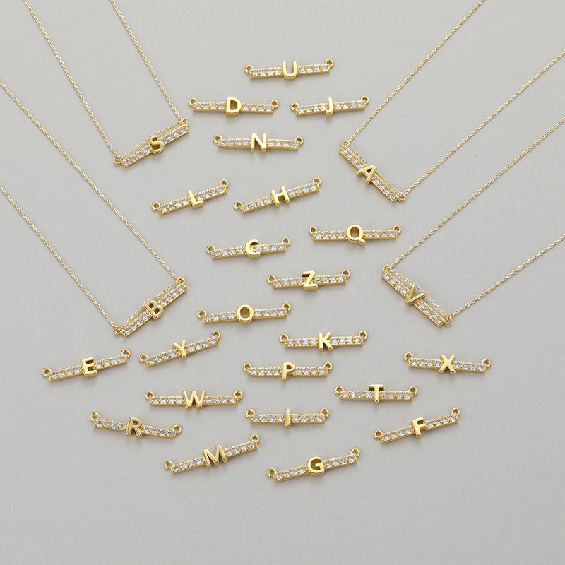 Twin Two Hole Style Zirconia 18K Gold Plated Initial Name A-Z Letter Charm Pendant Necklace, Jewelry Findings Accessories M45