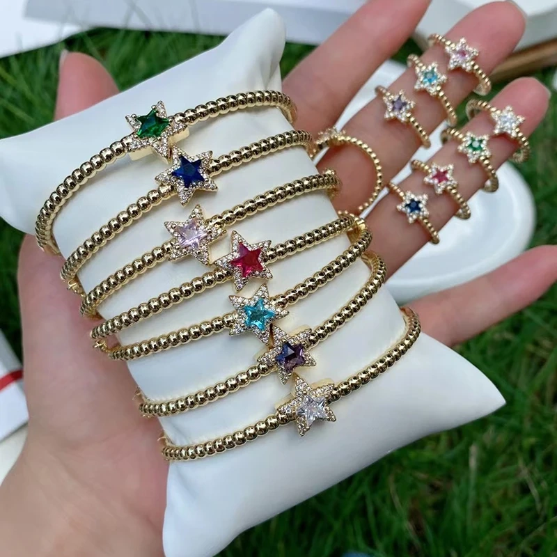 Trendy Sparkle Star Shape Crystal CZ Charm Bangle,Exquisite Luxury Colorful Zircon Brass 18K Gold Plated Bracelet Supplies