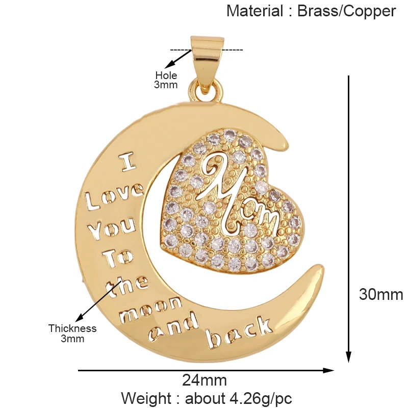 Fashion Heart Shape Mama Charm Pendant,Classics Love Colorful Cubic Zirconia Real 18K Gold Plated Craft Jewelry Supplies K84