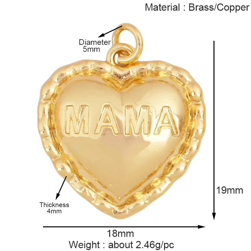 Fashion Heart Shape Mama Charm Pendant,Classics Love Colorful Cubic Zirconia Real 18K Gold Plated Craft Jewelry Supplies K84