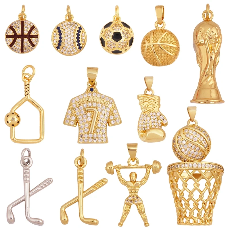 Trendy Sports Shirt Baseball Football Hockey Trophy Weightlifting Charm Pendant,18K Gold Plated DIY Necklace Jewelry Supply K75