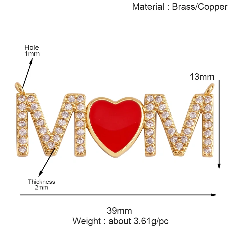 Fashion Heart Shape Mama Charm Pendant,Classics Love Colorful Cubic Zirconia Real 18K Gold Plated Craft Jewelry Supplies K84