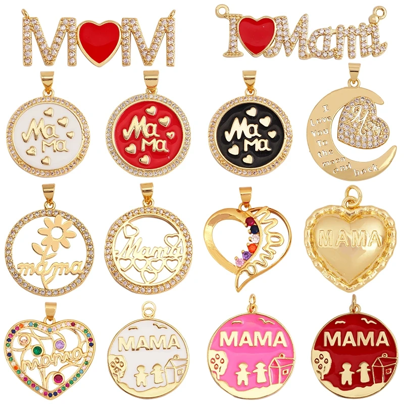 Fashion Heart Shape Mama Charm Pendant,Classics Love Colorful Cubic Zirconia Real 18K Gold Plated Craft Jewelry Supplies K84