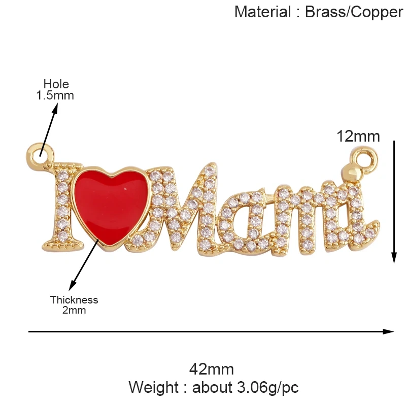 Fashion Heart Shape Mama Charm Pendant,Classics Love Colorful Cubic Zirconia Real 18K Gold Plated Craft Jewelry Supplies K84