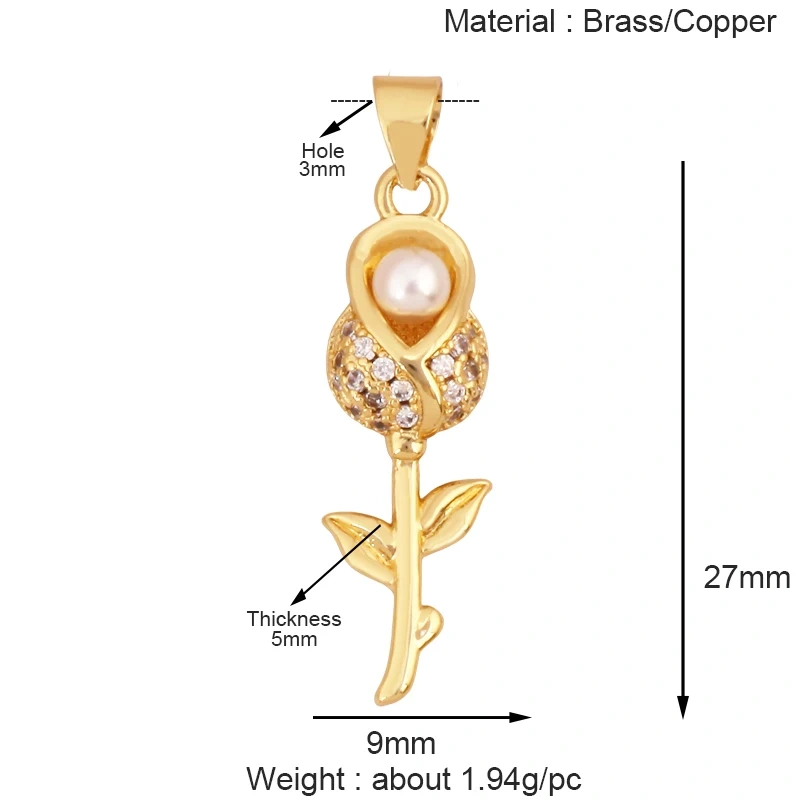 Sweet Rainbow Sun Rose Flower Four Leaf Clover Charm Pendant,Real 18k Gold Shell Zircon Jewelry Findings Necklace Supplies K41