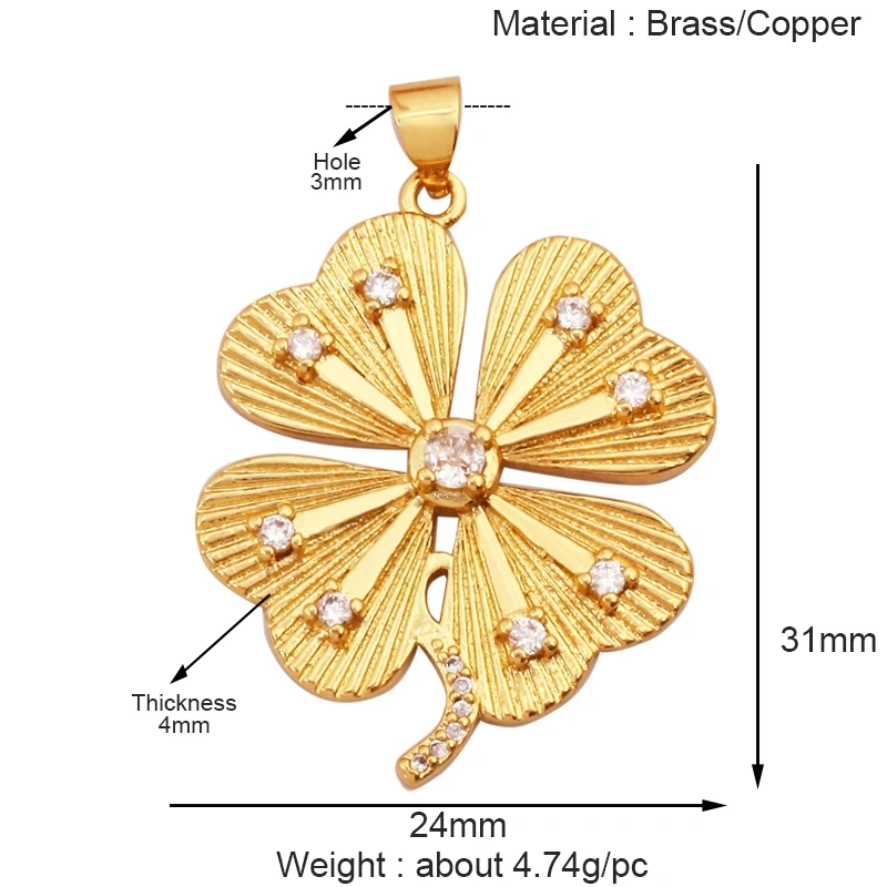 Sweet Rainbow Sun Rose Flower Four Leaf Clover Charm Pendant,Real 18k Gold Shell Zircon Jewelry Findings Necklace Supplies K41