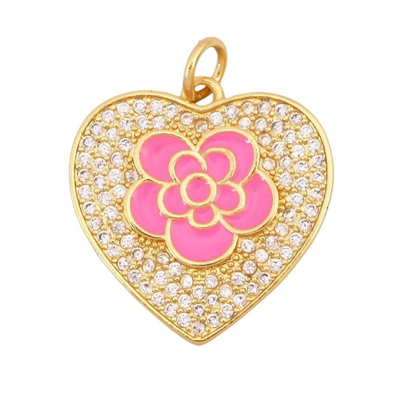 Sweet Rainbow Sun Rose Flower Four Leaf Clover Charm Pendant,Real 18k Gold Shell Zircon Jewelry Findings Necklace Supplies K41