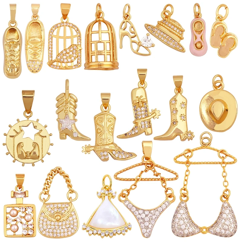 Fashion Cowboy Hat Boots Dance Shoes Bra Birdcage Sports Charm Pendant,Zircon Real 18K Gold Necklace Craft Jewelry Supplies K68