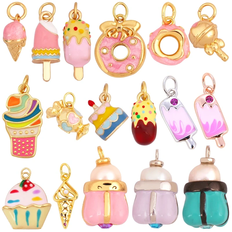 Sweet Cake Doughnut Candies Ice Cream Cone Charm Pendant,Real 18K Gold Plated Jewelry Necklace Bracelet Making Supplies K62