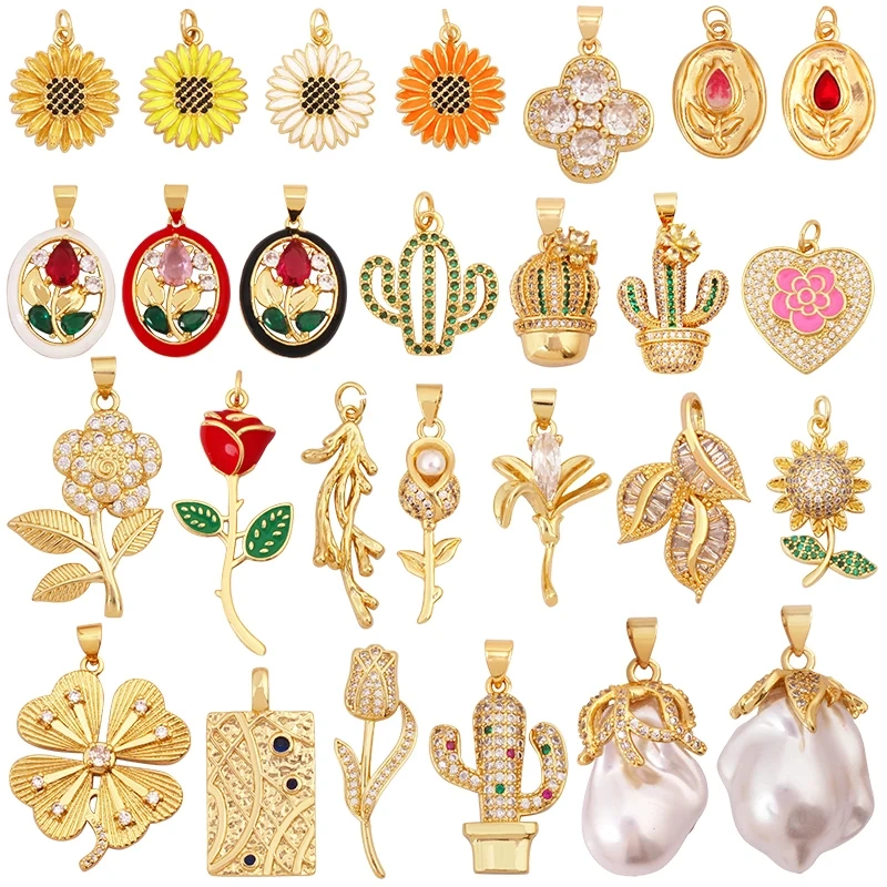 Sweet Rainbow Sun Rose Flower Four Leaf Clover Charm Pendant,Real 18k Gold Shell Zircon Jewelry Findings Necklace Supplies K41