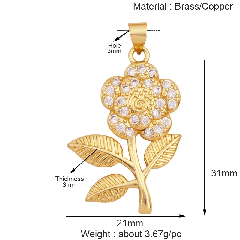 Sweet Rainbow Sun Rose Flower Four Leaf Clover Charm Pendant,Real 18k Gold Shell Zircon Jewelry Findings Necklace Supplies K41