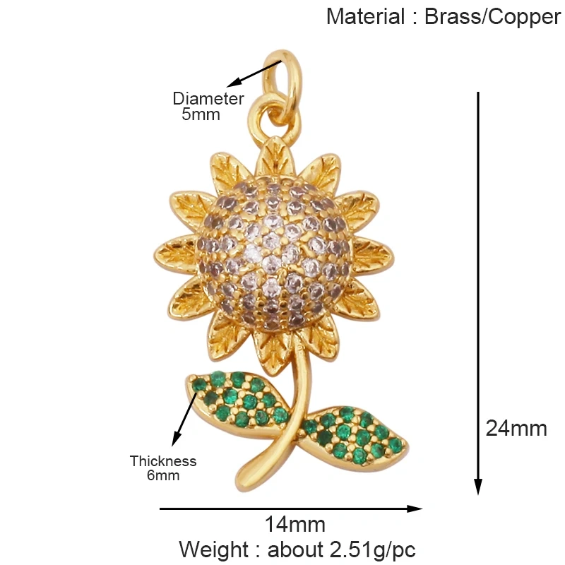 Sweet Rainbow Sun Rose Flower Four Leaf Clover Charm Pendant,Real 18k Gold Shell Zircon Jewelry Findings Necklace Supplies K41