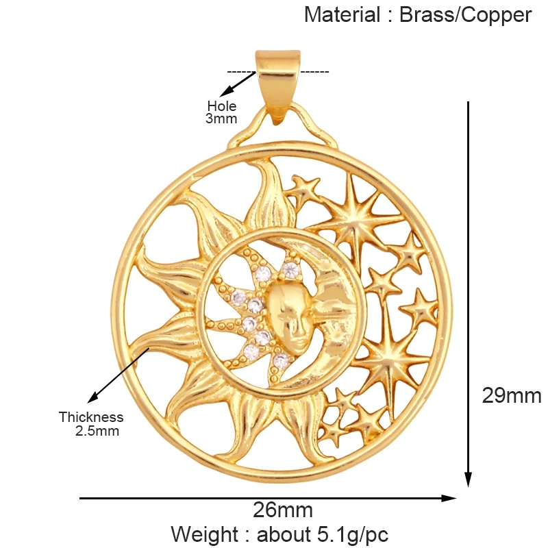 Sun Moon Star Celestial Charm Pendant,Real 18K Gold Plated Cubic Zirconia Paved,Jewelry Necklace Bracelet Accessories Supply K49