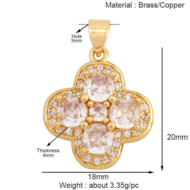 Sweet Rainbow Sun Rose Flower Four Leaf Clover Charm Pendant,Real 18k Gold Shell Zircon Jewelry Findings Necklace Supplies K41