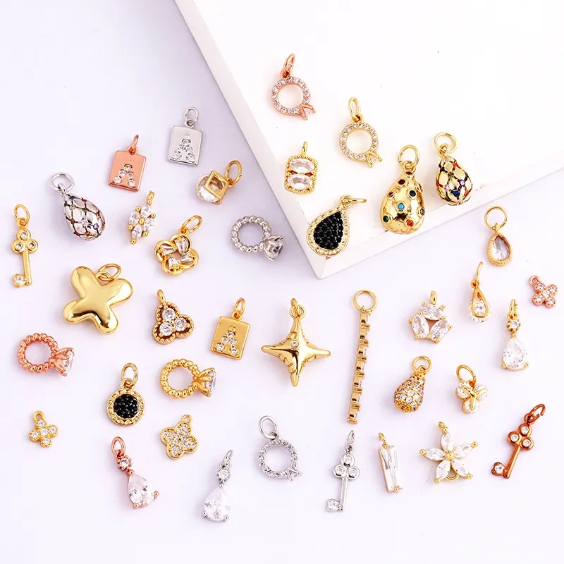 Cute Mini Flower Water Drop Round Star Geometry Shape Charm Pendant,Cubic Zirconia Paved,Jewelry Necklace Bracelet Supplies N33