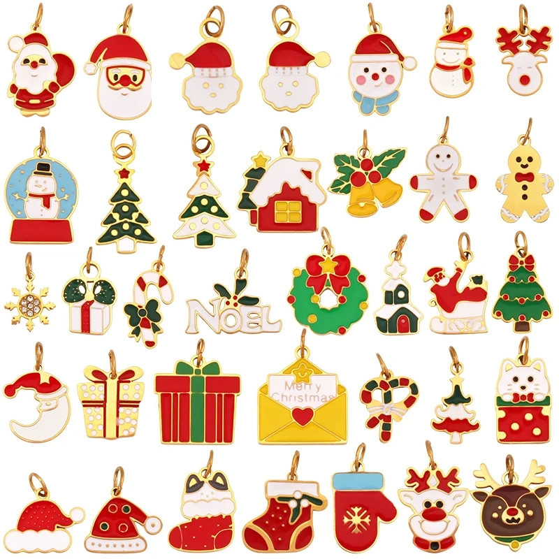 316 Stainless Steel Christmas Gift Trees Deer Snowman Santa hat Charm Pendant,Real 18K Gold Plated Jewelry Necklace Supply K52