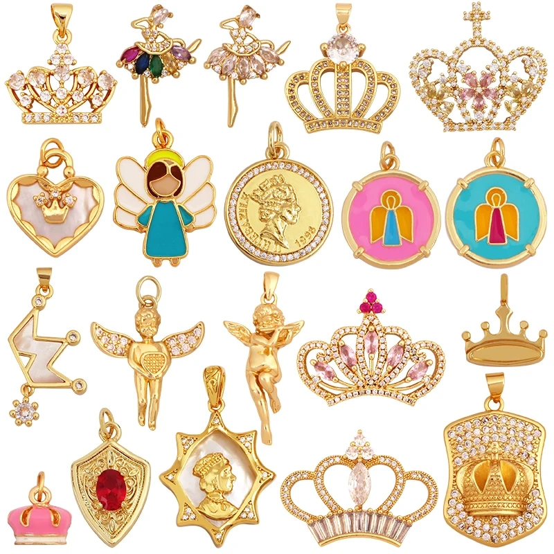 Guarden Angel Crown Goddess Amulet Medallion Zircon Charm Pendant,Real 18K Gold Plated Necklace Jewelry Findings Supplies S06
