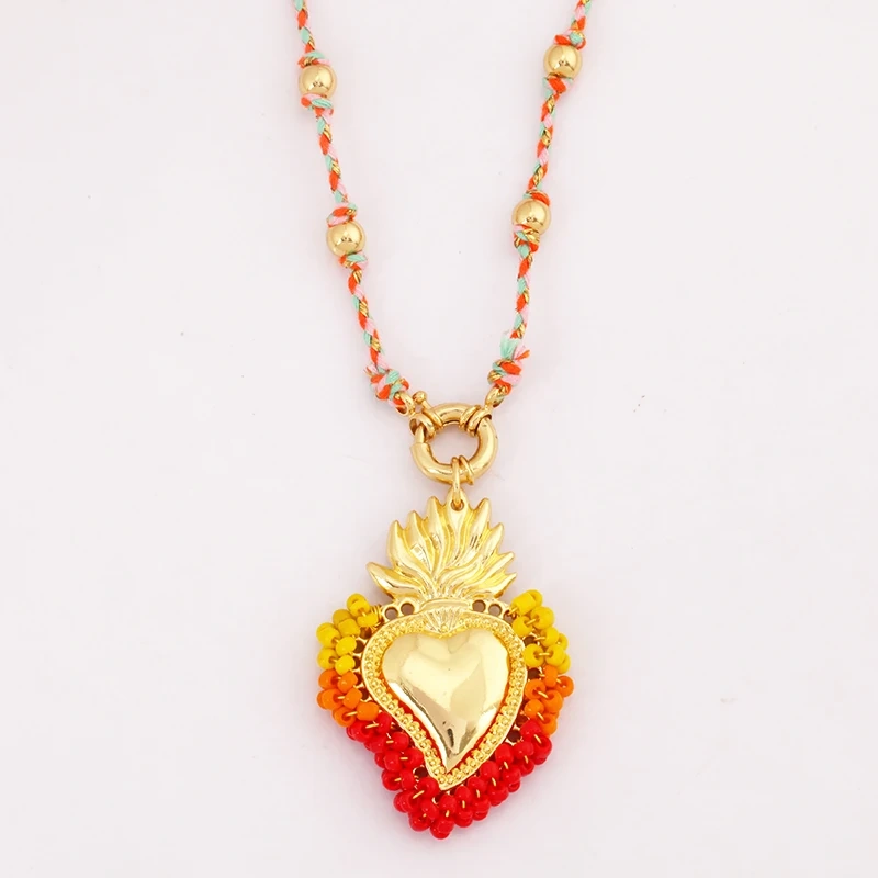 Sacred Red Heart Boho Bohemia Style Nature Cotton Cord Long Knotting Beaded Necklace,Colorful  Rope Sweater Amulet Jewelery