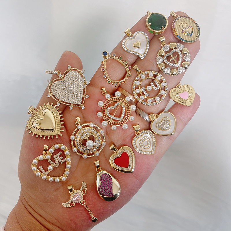 Trendy Rainbow Zircon Pearl Shell Love Heart Charm Pendant,Creative Angel 18K Gold Plated Jewelry Findings Accessories Supplies