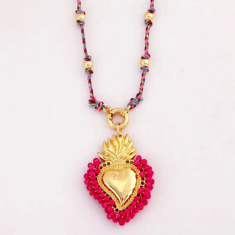 Sacred Red Heart Boho Bohemia Style Nature Cotton Cord Long Knotting Beaded Necklace,Colorful  Rope Sweater Amulet Jewelery