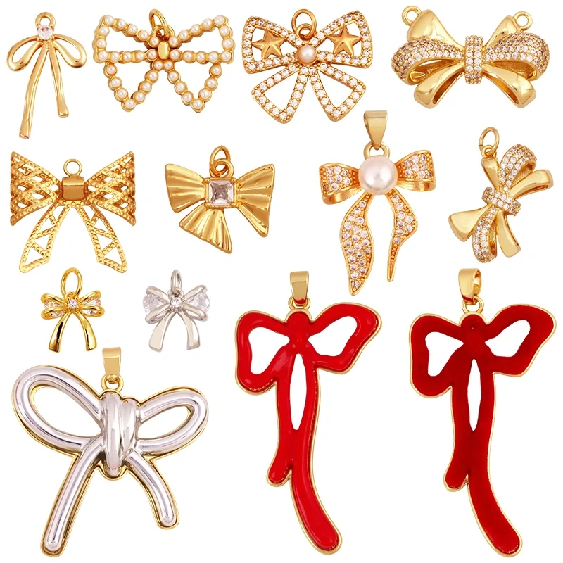 Fashion Bowknot Zircon Pearl Charm Pendant,18K Gold Plated Necklace Bracelet DIY Handmade Jewelry Making Accessories Supply K78