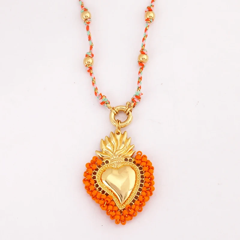 Sacred Red Heart Boho Bohemia Style Nature Cotton Cord Long Knotting Beaded Necklace,Colorful  Rope Sweater Amulet Jewelery