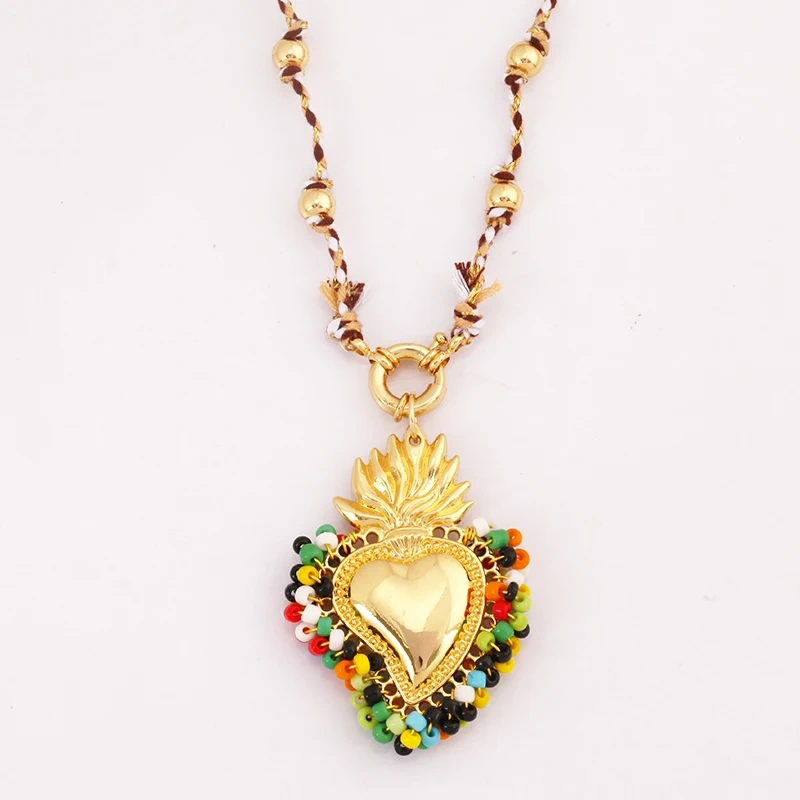 Sacred Red Heart Boho Bohemia Style Nature Cotton Cord Long Knotting Beaded Necklace,Colorful  Rope Sweater Amulet Jewelery