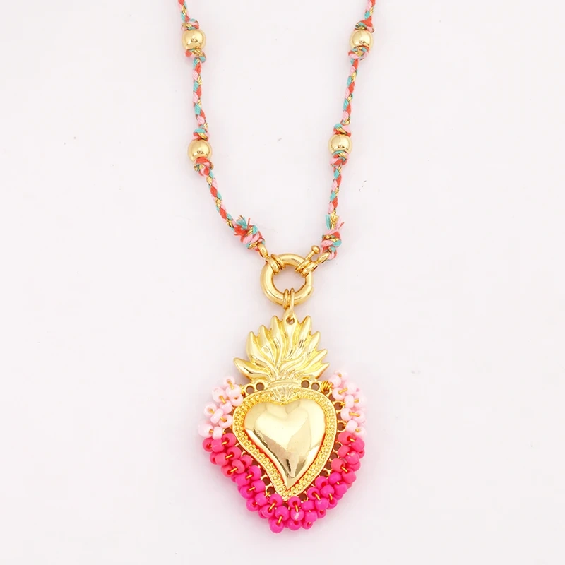 Sacred Red Heart Boho Bohemia Style Nature Cotton Cord Long Knotting Beaded Necklace,Colorful  Rope Sweater Amulet Jewelery