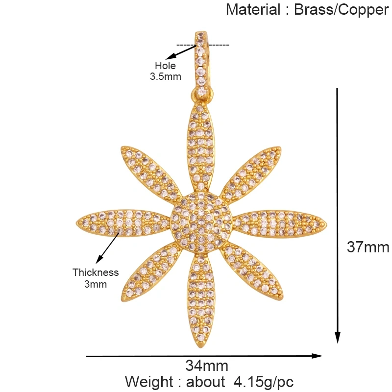 Luxury Classics Clover Leaf Sun Flower Zircon Focal Charm Pendant,Real 18K Gold Plated Jewelry Findings Accessories Supplies S01