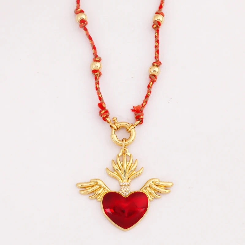Sacred Red Heart Boho Bohemia Style Nature Cotton Cord Long Knotting Beaded Necklace,Colorful  Rope Sweater Amulet Jewelery