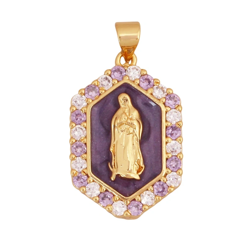 Religious Style Holy Jesus Virgin Mary Charm Geometry Pendant,18K Gold Inlaid Cubic Zirconia Jewelry Necklace Accessories S08