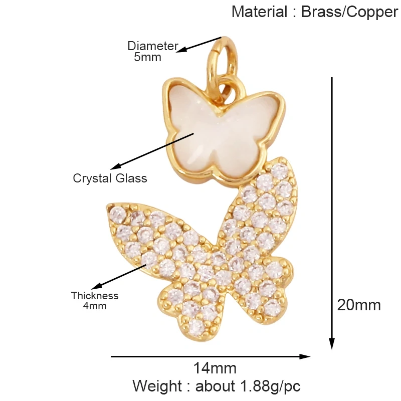 Trendy Crystal Glass Zircon  Butterfly Charm Pendant,Real 18K Gold Plated Necklace Bracelet DIY Craft Jewelry Making Supply S17