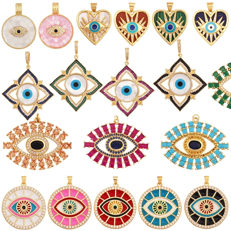 Trendy Colorful Evil Eye Pearl Shell Charm Pendant,Real 18K Gold Plated Cubic Zirconia Jewelry Necklace Bracelet Supplies K75