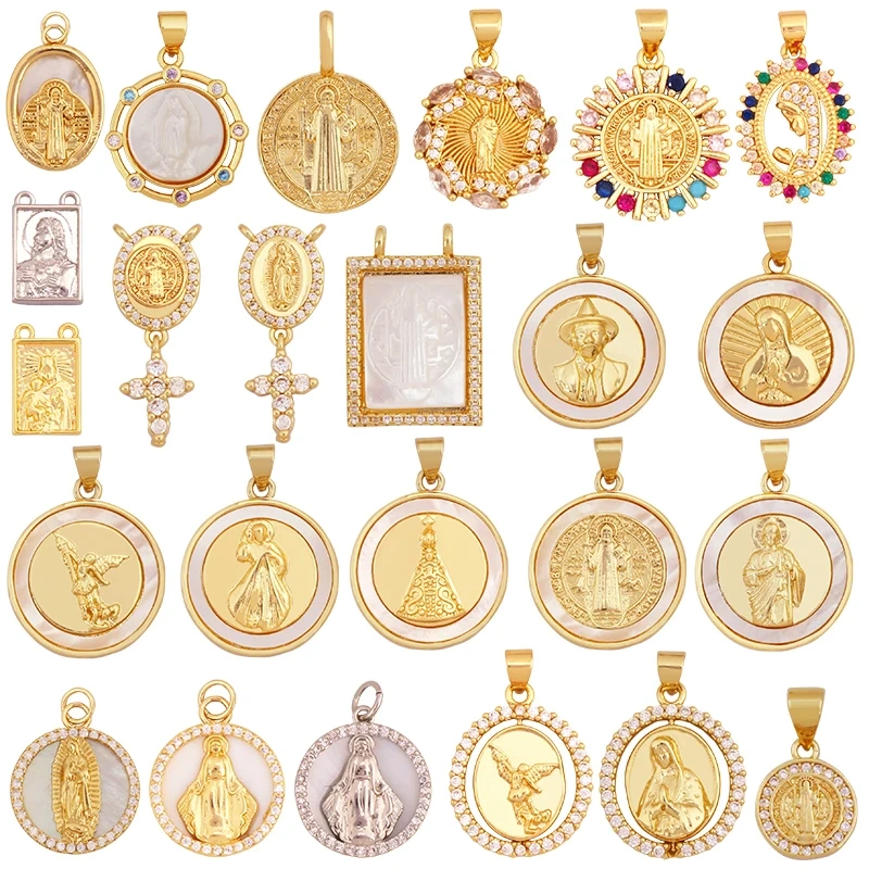 Holy Religious Style Jesus Virgin Mary Charms Pendant,Real 18K Gold Plated Zircon Shell Jewelry Necklace Accessories Supply S15